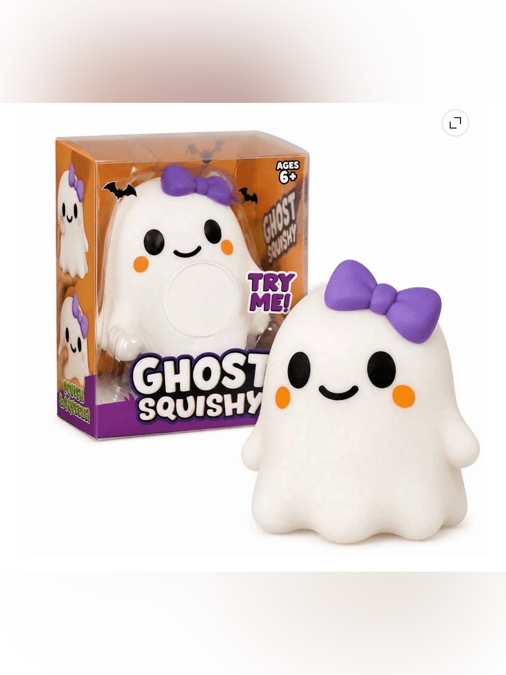 Ghost Squishy Plush Toy - White with Purple Bow